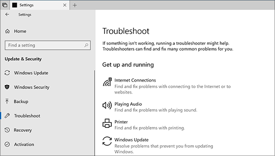 A screenshot of the Troubleshoot page in Windows 10 Settings.