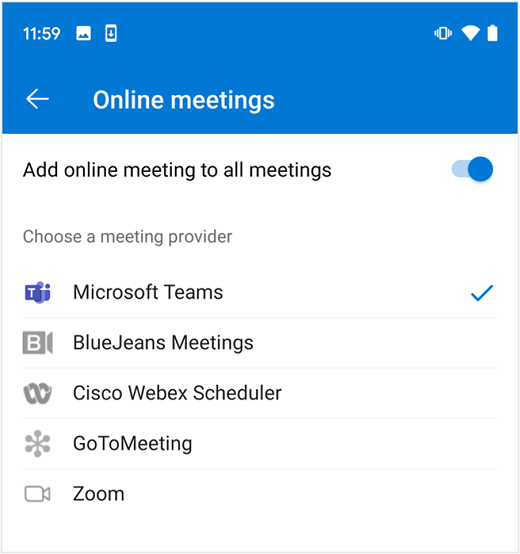 Select default online meeting provider in Outlook on Android