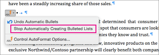 The option to stop automatically creating bulleted lists is highlighted.