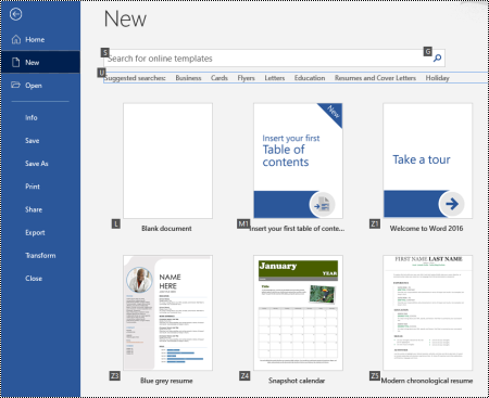 New page in the File menu of Word for Windows