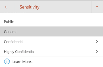 Screenshot of sensitivity labels in Office for Android