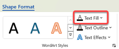 To change the color of WordArt, select it, and on the Shape Format tab, select Text Fill.