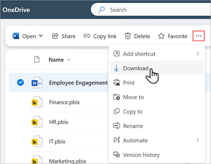 Screenshot showing how you can use OneDrive to download a Word for the web file to your computer.