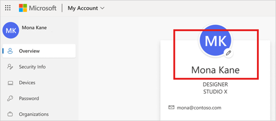 Screenshot of the My Account portal showing the user's profile photo, name, and various account settings options such as language, time zone, and privacy settings. The edit icon is visible over the profile photo, indicating where users can click to update their photo.