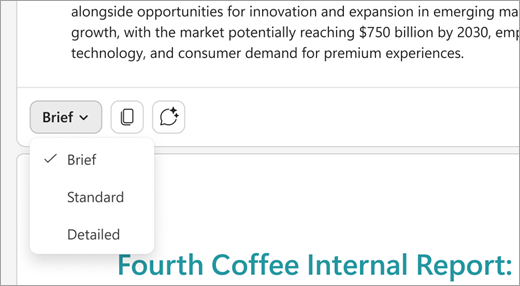 Shows a Word for the Web document open, with the summary expanded at the top. A menu that says "Brief" is expanded at the bottom of the summary, and other options include "Standard" and "Detailed."
