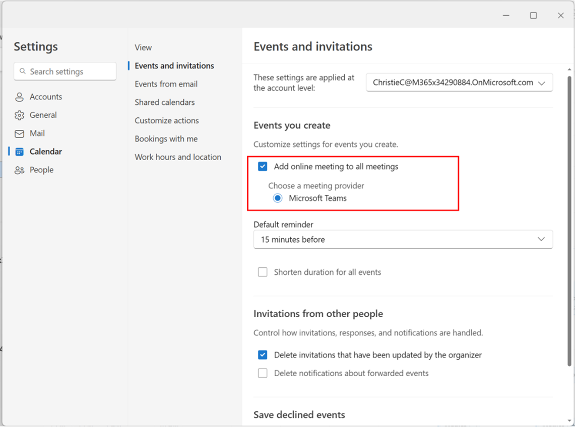 screenshot shows enable or disable add online meeting to all meetings