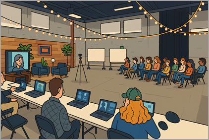 Illustration of an event in a large warehouse space with in-person attendees, remote attendees, and a remote speaker on a screen.