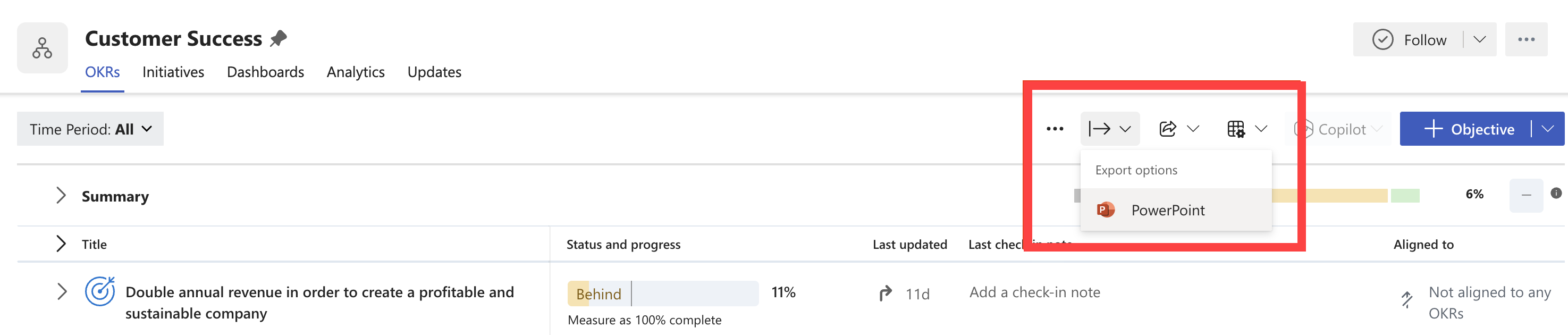 Highlighting the export icon within Viva Goals.