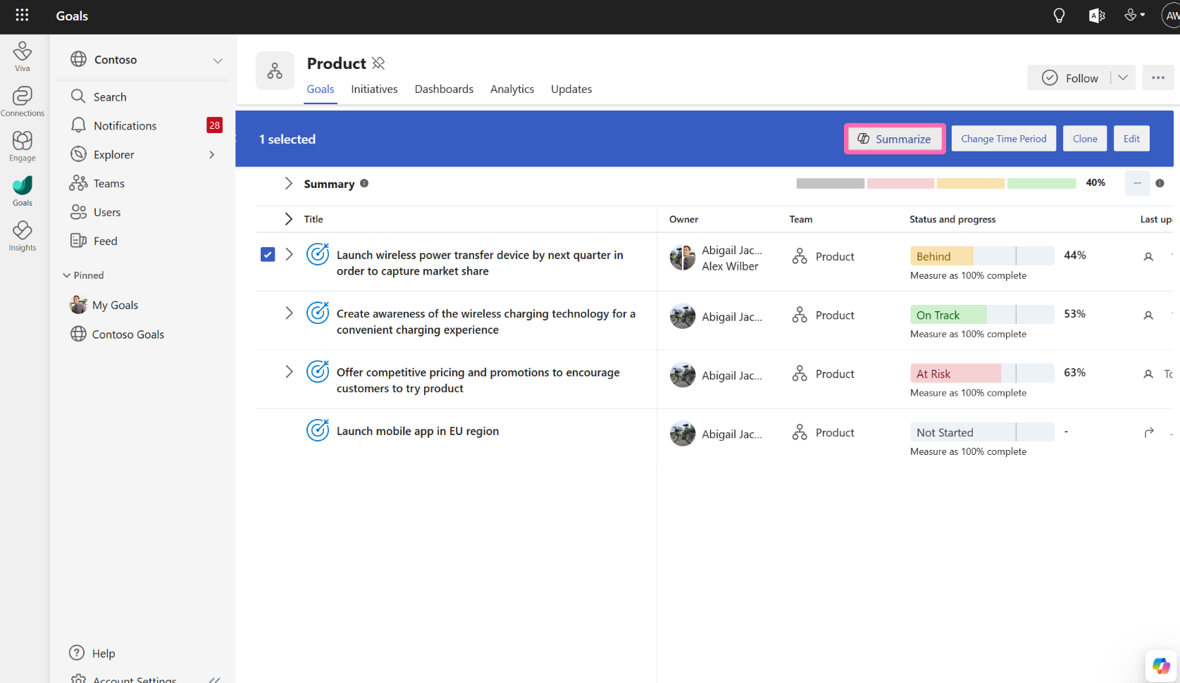 Screenshot that shows a view of a product team's OKRs, with two specific OKRs selected and an emphasis on the "Summarize" option.