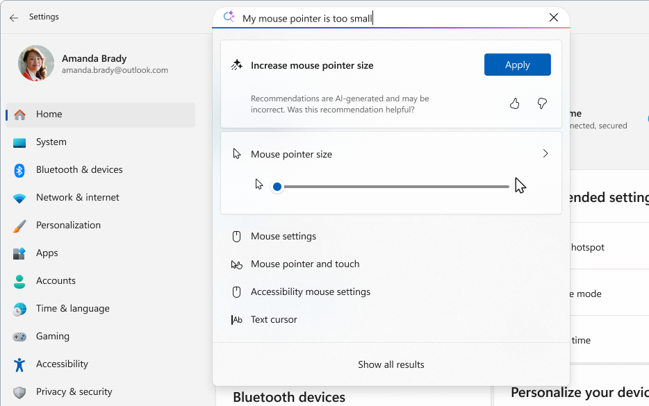 Screenshot of Settings showing an AI-based search using the agent.