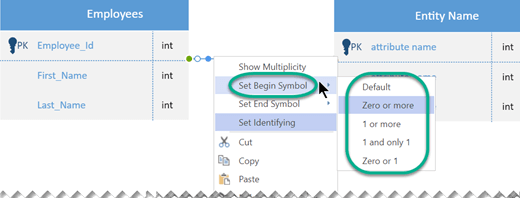Right-click the Relationship line, select Set Begin Symbol, and then select a cardinality setting from the list.