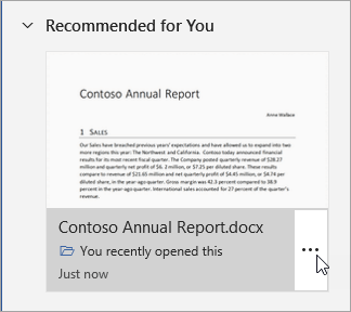 A recommended file card, with the pointer hovering over the "More options" button.