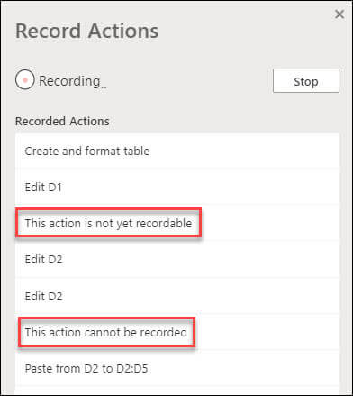 Racord Actions dialog indicating when certain steps could not be recorded.