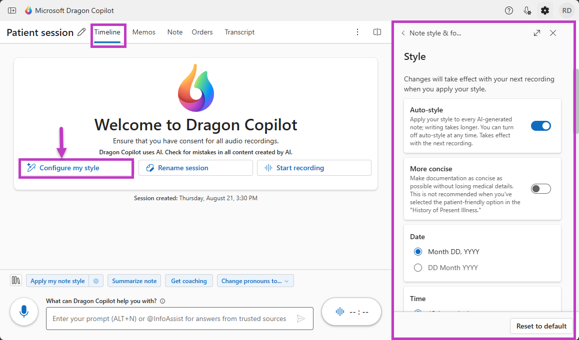 Timeline tab, Configure my style, and Style & format panel highlighted.