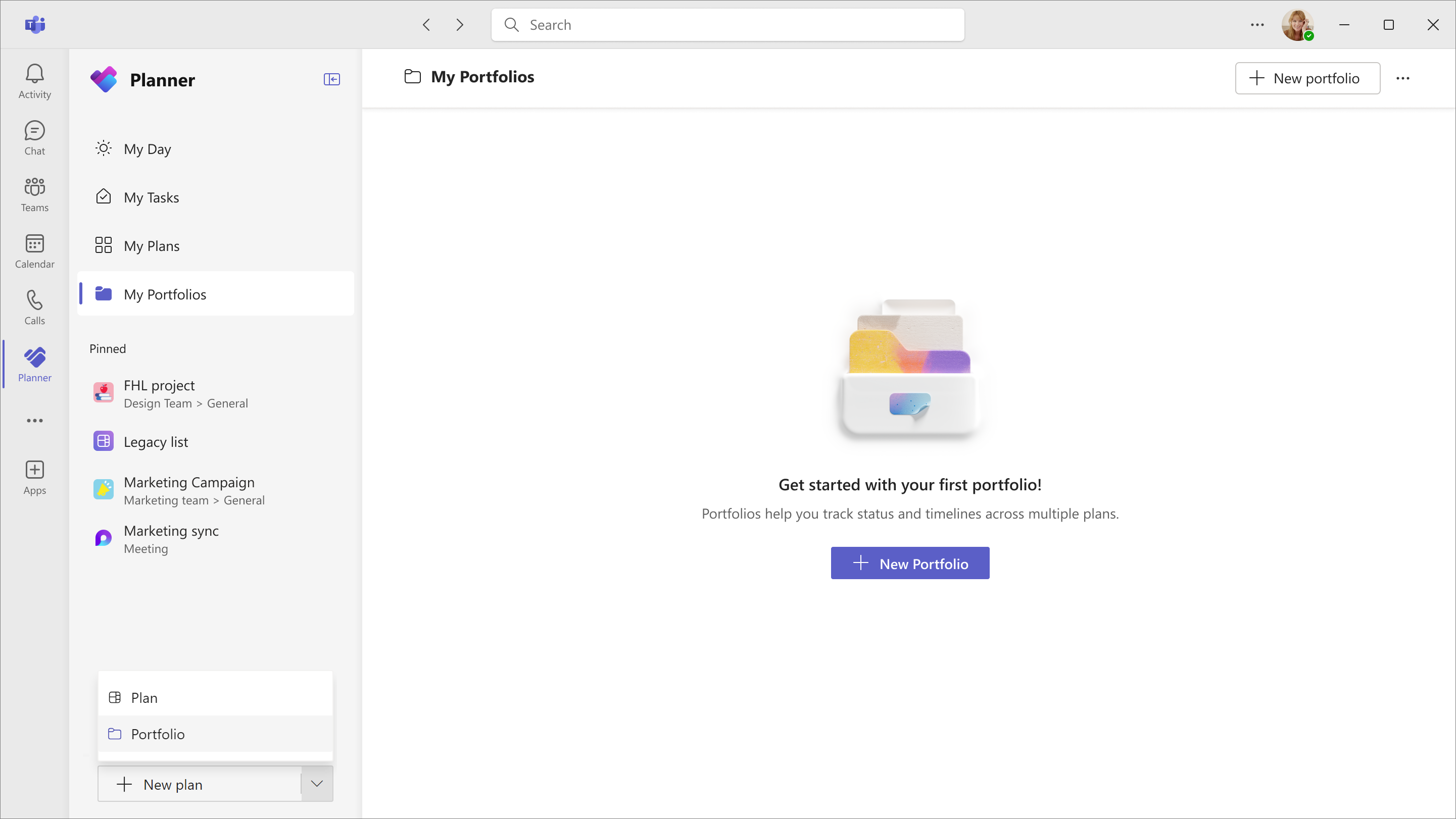 A screenshot of Planner in Teams displaying the new My Portfolios tab with a message that reads, “Get started with your first portfolio!”