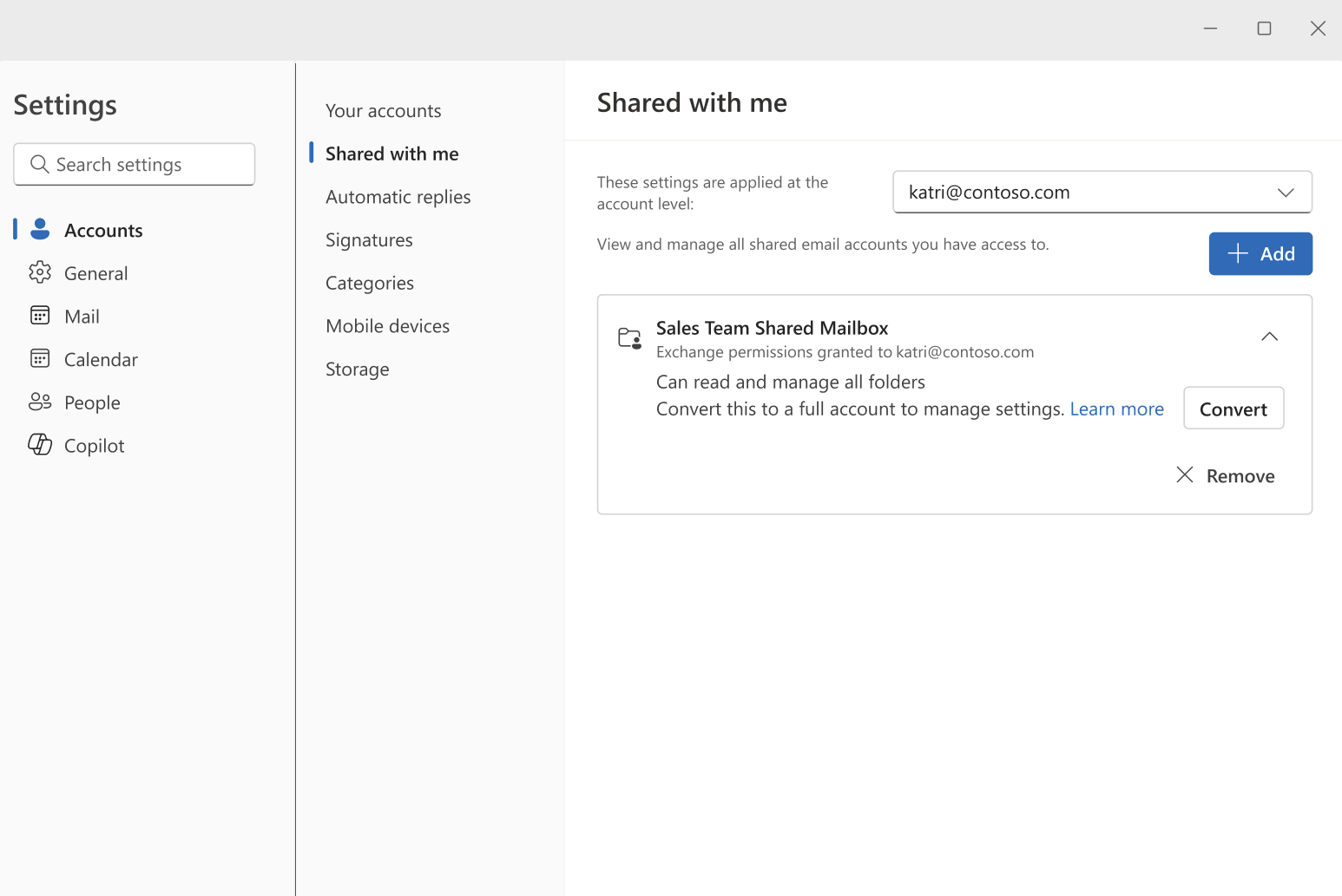 Expanded shared mailbox with convert button