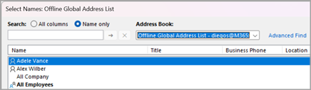 Search the Global Address List for the contact you'd like to send an email to. Select their name, and then select To, Cc, or Bcc to add their names to that field. Select OK.