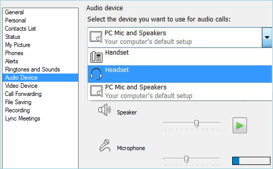 Screen shot of audio set up