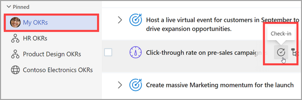 Screenshot of check-in step with red box around MY OKRs and red box around icon representing Check-In