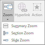 Shows different types of Zooms that can be selected when you go to Insert > Zoom: Summary Zoom, Slide Zoom, and Section Zoom.