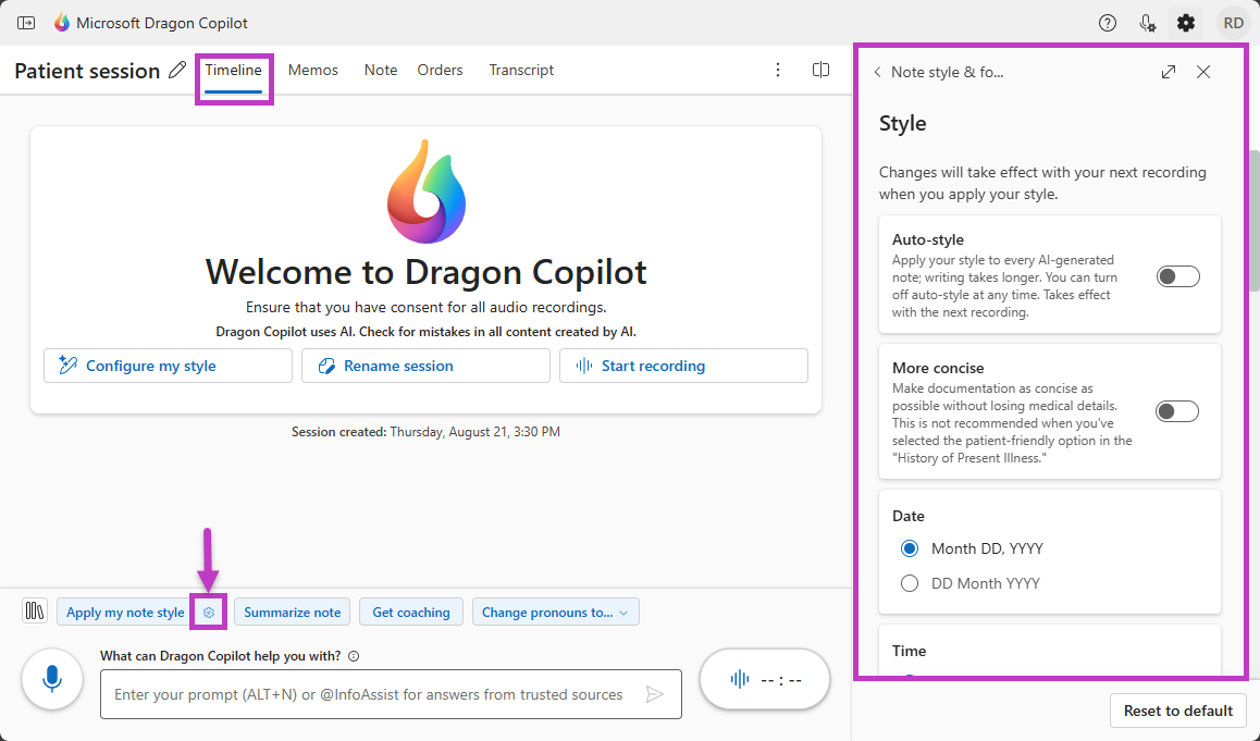 Timeline tab, gear icon, and Style & format panel highlighted.