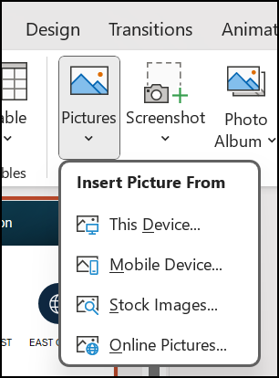 On the Insert tab, click Pictures.