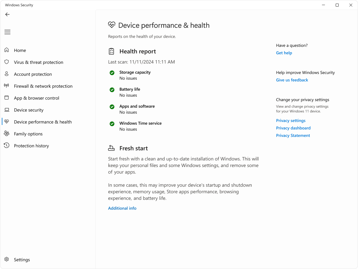 Screenshot of the device and performance page of the Windows Security app.