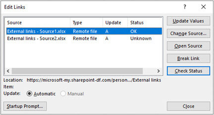 Excel's Edit Links dialog from Data > Queries & Connections > Edit Links