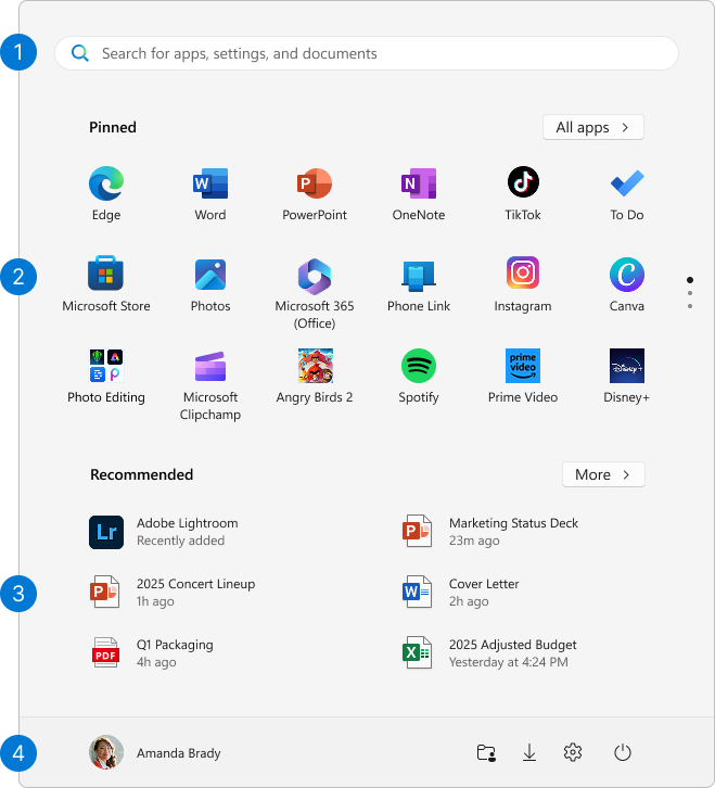 Screenshot of the Windows 11 Start menu, with each area highlighted.