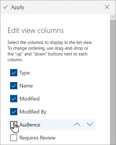 The Edit view columns pane in modern SharePoint Online