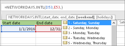 Intellisense list showing 2 - Sunday, Monday; 3 - Monday, Tuesday, and so on