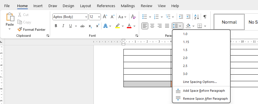 A screenshot, which shows the line and paragraph spacing options.