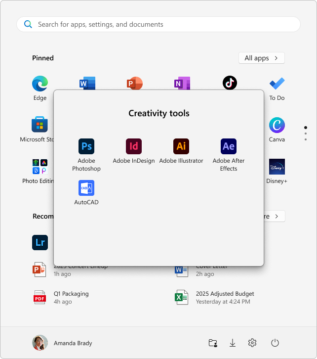 Screenshot of the Windows 11 start menu showing the content of a folder with different pins.