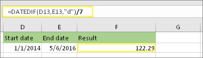 =(DATEDIF(D13,E13,"d")/7) and result: 122.29