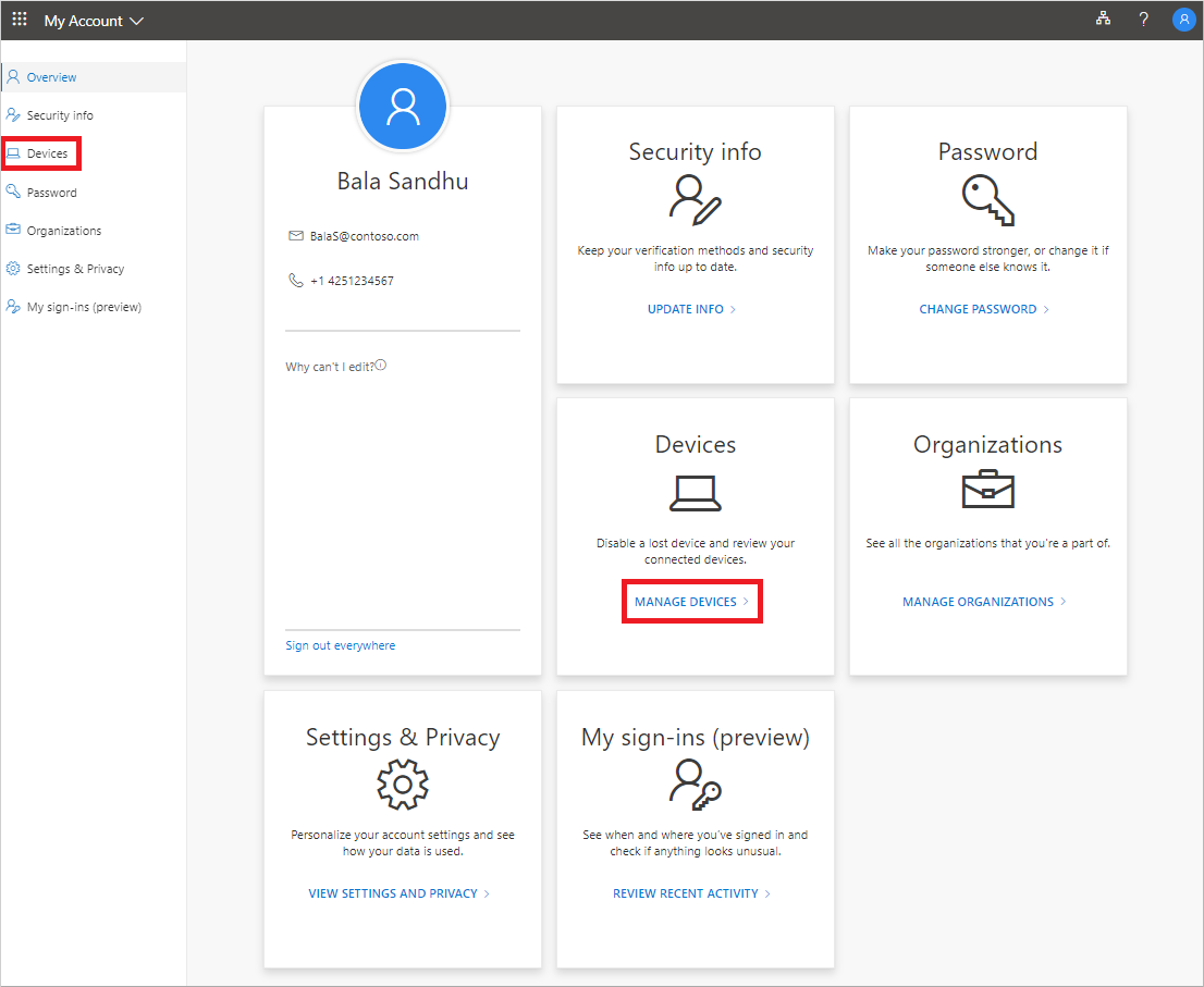 My Account page, showing highlighted Devices links
