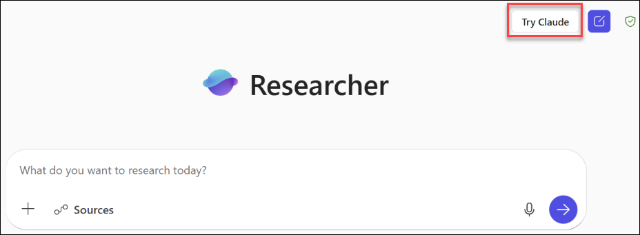 Image showing the Microsoft Copilot app Researcher page with Try Claude highlighted.