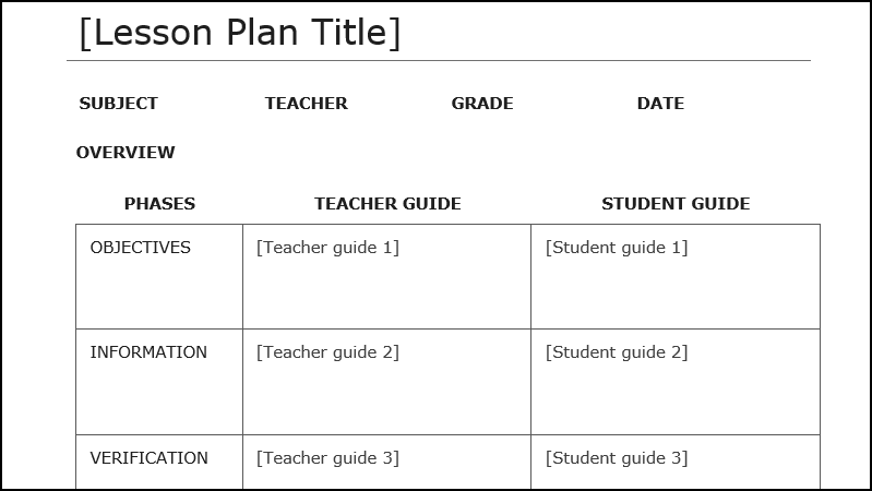 Screenshot of a lesson plan template