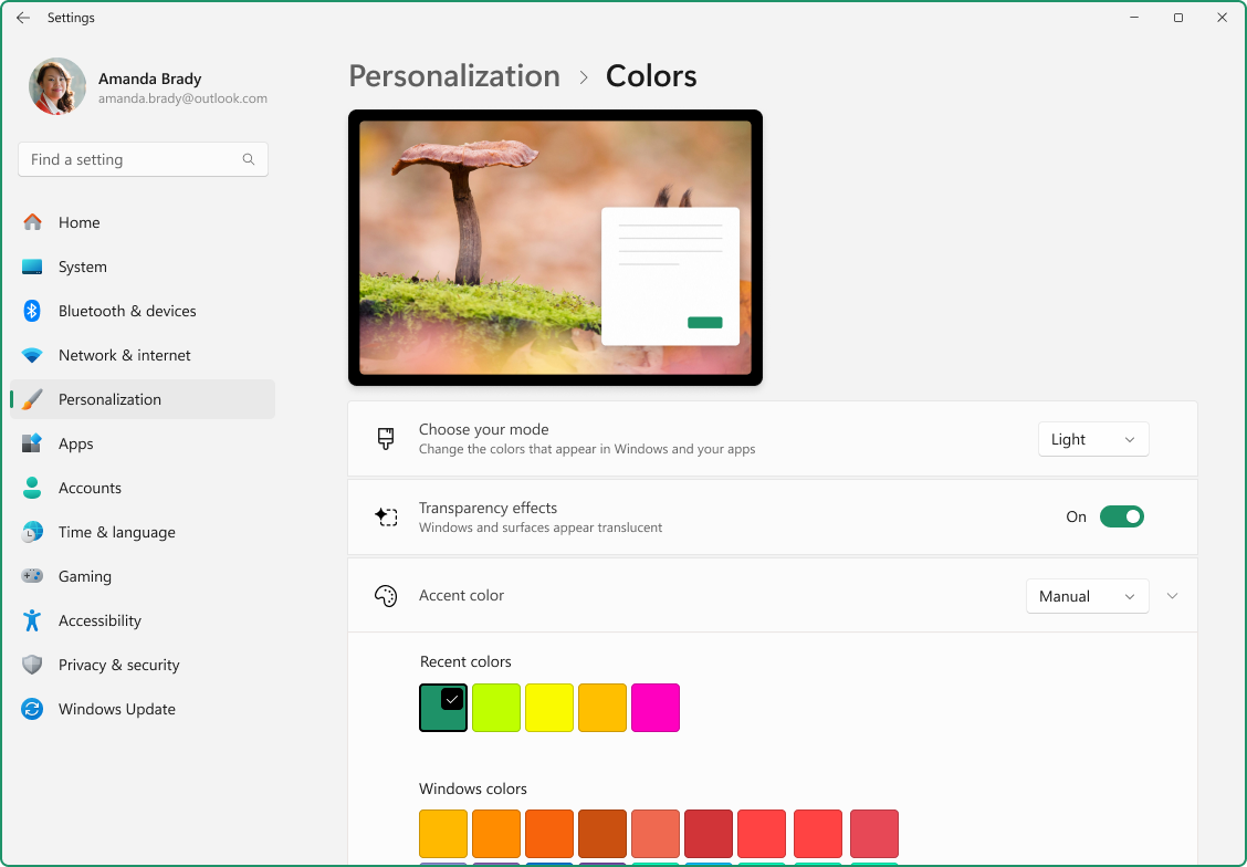 Screenshot of the Settings app showing the option to customize accent colors.