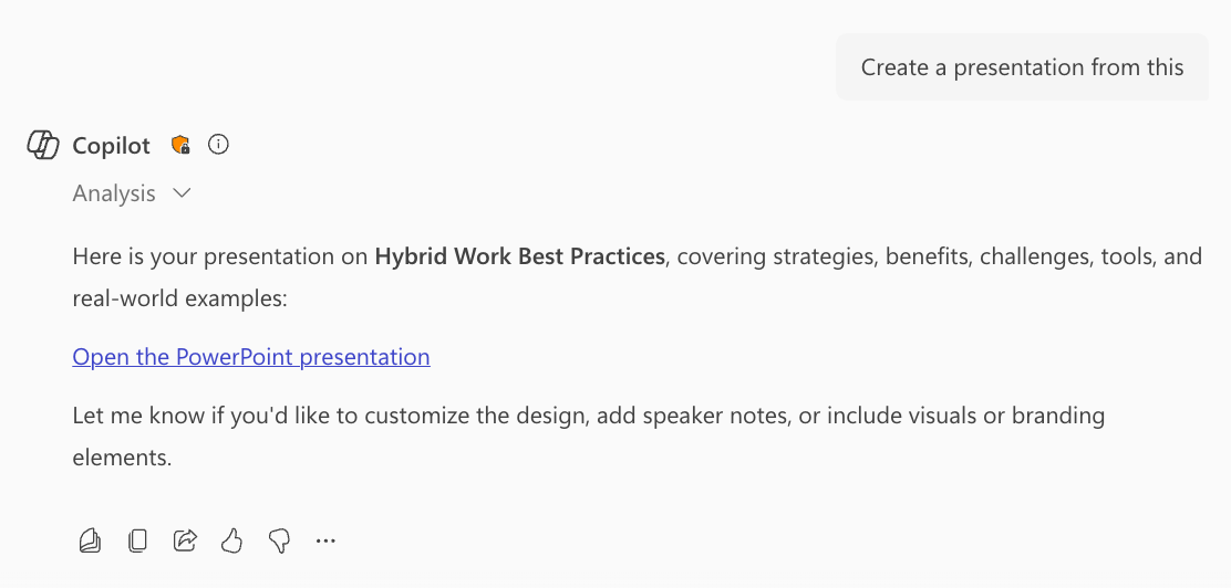 Screenshot of M365 Copilot generating a PowerPoint and providing a link back to the user.
