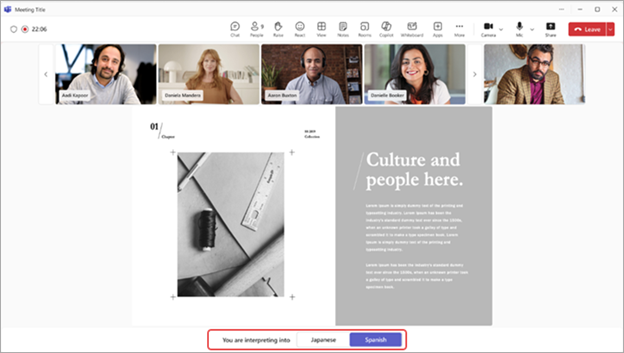 Screenshot highlighting the interpreter experience in Microsoft Teams
