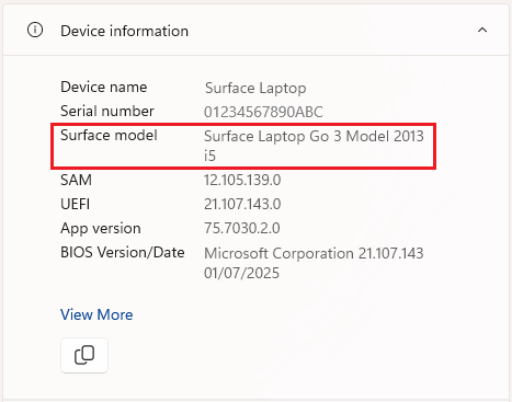 Finding the model name of your Surface device in the Surface app.