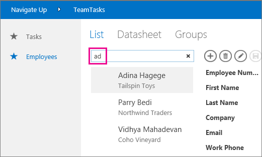 An example search on the characters "ad"