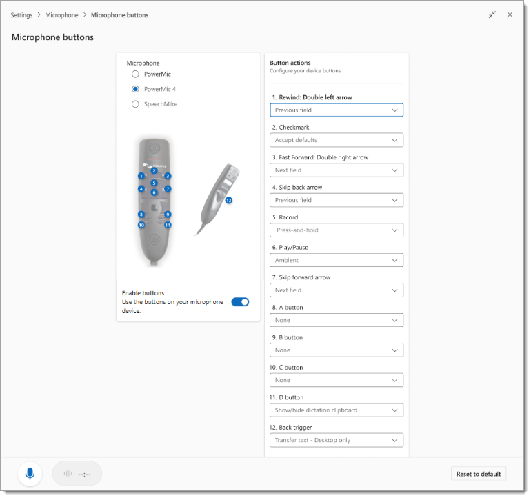 Image of the Microphone and Button actions sections in Settings.