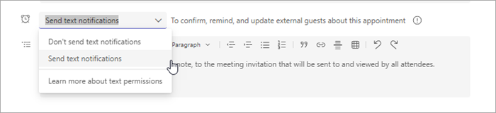 The Send text notifications option in the Virtual appointment meeting template in Teams
