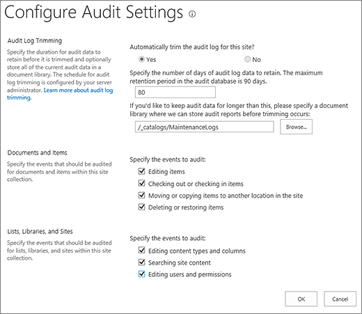 Site collection audit settings screen