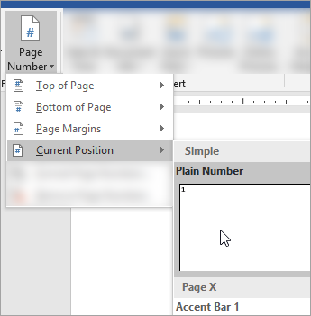 Screen shot that shows choosing Plain format page number at the current position in the document