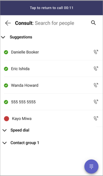 Screenshot showing how to transfer a call to a contact in Teams.