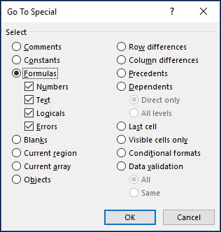 Go To Special dialog box