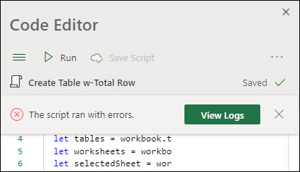 Code Editor error message stating that the script ran with errors. Press the Logs button to learn more.