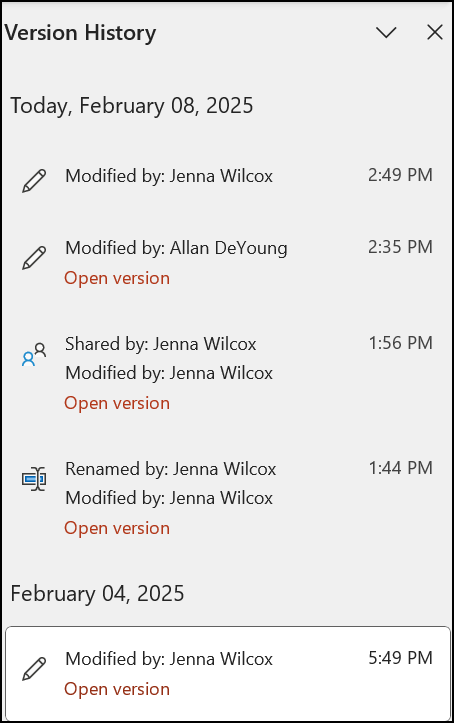 The Version History button inside the the File Tab.
